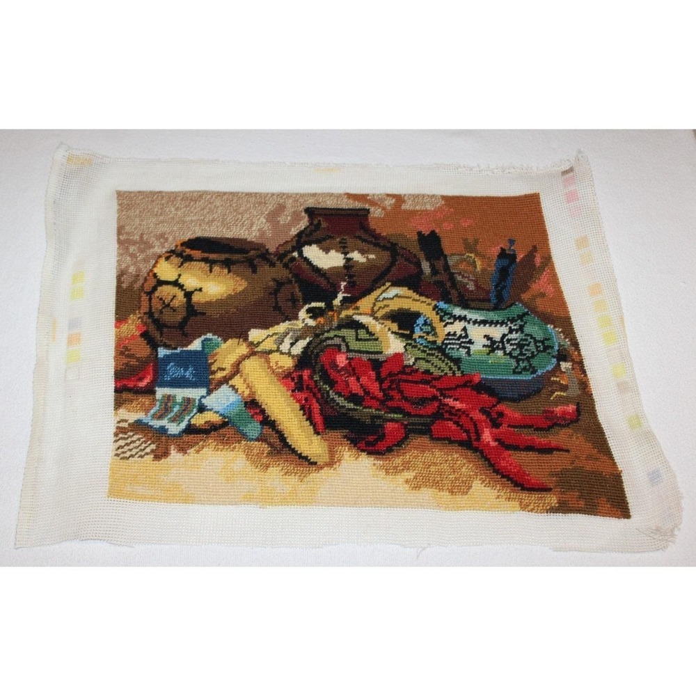 vintage completed needlepoint Sunset #6224 Native American Still Life 14"x11"